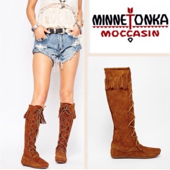 LIKE🆕MINNETONKA CHESTNUT BROWN SUEDE LACEUP FRINGE MOCCASIN KNEE BOOTS - Picture 5 of 16